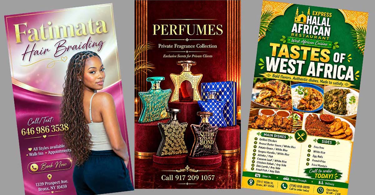 Examples of promotional page designs for beauty, retail, and restaurant businesses